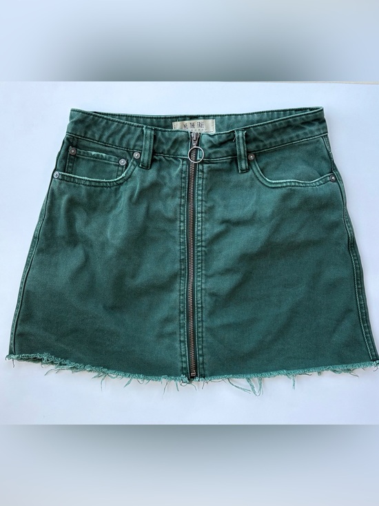 Free People Dresses & Skirts - We The Free Green Denim Mini Skirt Size 26 Front Zip Raw Hem Utility Boho